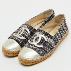 Pre Owned Chanel Multicolor Leather and Tweed CC Cap Toe Espadrille Flats Size 39