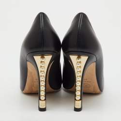 Pre Owned Chanel Black Leather and Fabric Cap Toe CC Faux Pearl Heel Pumps Size 41