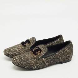 Pre Owned Chanel Black/Gold Lurex Fabric CC Smoking Slippers Size 35