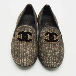 Pre Owned Chanel Black/Gold Lurex Fabric CC Smoking Slippers Size 35