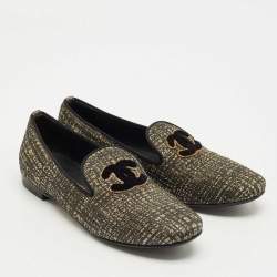 Pre Owned Chanel Black/Gold Lurex Fabric CC Smoking Slippers Size 35