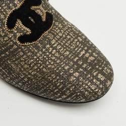 Pre Owned Chanel Black/Gold Lurex Fabric CC Smoking Slippers Size 35