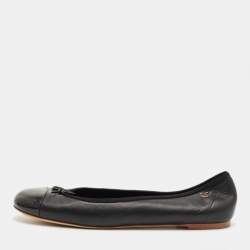 Pre Owned Chanel Black Leather CC Cap Toe Ballet Flats Size 41