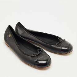 Pre Owned Chanel Black Leather CC Cap Toe Ballet Flats Size 41