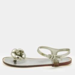 Pre Owned Chanel Metallic Silver Jelly Camellia Ankle Strap Sandals Size 38
