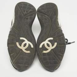 Pre Owned Chanel Grey/White Suede and Canvas CC Low Top Sneakers Size 36