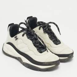 Pre Owned Chanel Grey/White Suede and Canvas CC Low Top Sneakers Size 36