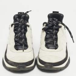 Pre Owned Chanel Grey/White Suede and Canvas CC Low Top Sneakers Size 36