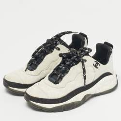Pre Owned Chanel Grey/White Suede and Canvas CC Low Top Sneakers Size 36