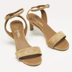 Pre Owned Chanel Brown Suede CC Ankle Strap Sandals Size 38
