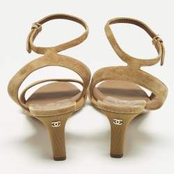 Pre Owned Chanel Brown Suede CC Ankle Strap Sandals Size 38