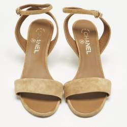 Pre Owned Chanel Brown Suede CC Ankle Strap Sandals Size 38
