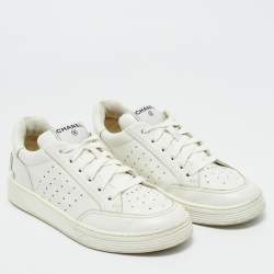 Pre Owned Chanel White Leather CC Low Top Sneakers Size 38