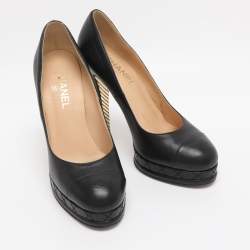 Pre Owned Chanel Black Leather CC Cap Toe Platform Pumps Size 40