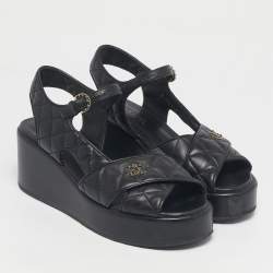 Pre Owned Chanel Black Leather Ankle Strap Wedge Sandals Size 40.5