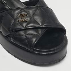 Pre Owned Chanel Black Leather Ankle Strap Wedge Sandals Size 40.5
