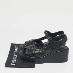 Pre Owned Chanel Black Leather Ankle Strap Wedge Sandals Size 40.5