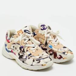 Pre Owned Chanel Multicolor CC Print Satin and Suede Lace Up Sneakers Size 40