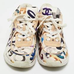 Pre Owned Chanel Multicolor CC Print Satin and Suede Lace Up Sneakers Size 40
