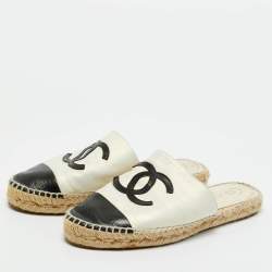 مملوكة مسبقًا Chanel Black/White Leather CC Cap Toe Espadrille Flat Mules Size 38