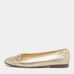 Pre Owned Chanel Gold Leather CC Cap Toe Ballet Flats Size 39