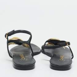 Pre Owned Chanel Black  Leather Camelia Thong Slingback Sandals Size 38.5