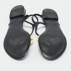 Pre Owned Chanel Black  Leather Camelia Thong Slingback Sandals Size 38.5