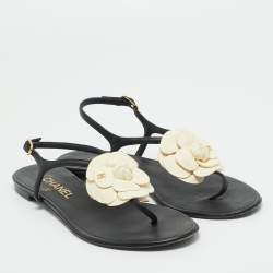 Pre Owned Chanel Black  Leather Camelia Thong Slingback Sandals Size 38.5