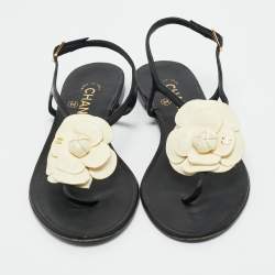 Pre Owned Chanel Black  Leather Camelia Thong Slingback Sandals Size 38.5