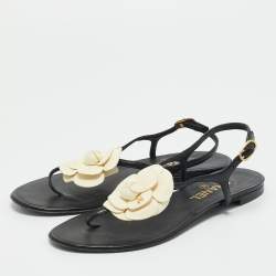 Pre Owned Chanel Black  Leather Camelia Thong Slingback Sandals Size 38.5