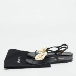 Pre Owned Chanel Black  Leather Camelia Thong Slingback Sandals Size 38.5