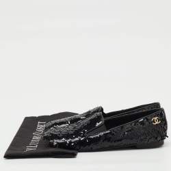 Pre Owned Chanel Black Sequins CC Smoking Slippers Size 37.5