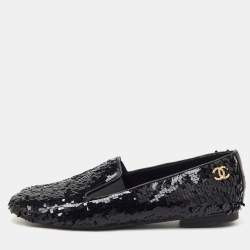 Pre Owned Chanel Black Sequins CC Smoking Slippers Size 37.5