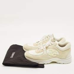 Pre Owned Chanel White Fabric and Suede CC Lace Up Sneakers Size 38.5