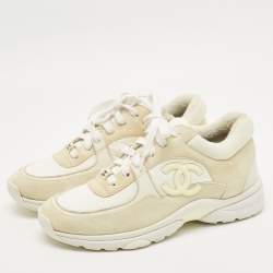 Pre Owned Chanel White Fabric and Suede CC Lace Up Sneakers Size 38.5