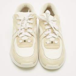 Pre Owned Chanel White Fabric and Suede CC Lace Up Sneakers Size 38.5