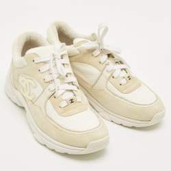 Pre Owned Chanel White Fabric and Suede CC Lace Up Sneakers Size 38.5