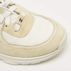 Pre Owned Chanel White Fabric and Suede CC Lace Up Sneakers Size 38.5
