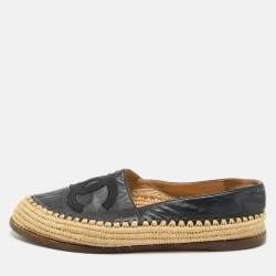 Pre Owned Chanel Black Leather CC Cap Toe Espadrille Flats Size 38