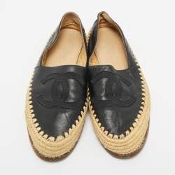 Pre Owned Chanel Black Leather CC Cap Toe Espadrille Flats Size 38