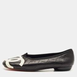 Pre Owned Chanel Black Quilted Leather CC Ligne Cambon Bow Ballet Flats Size 39