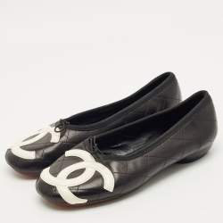 Pre Owned Chanel Black Quilted Leather CC Ligne Cambon Bow Ballet Flats Size 39