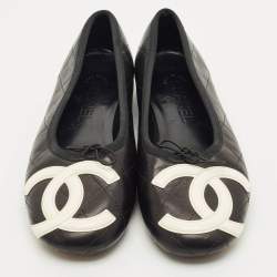 Pre Owned Chanel Black Quilted Leather CC Ligne Cambon Bow Ballet Flats Size 39