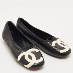 Pre Owned Chanel Black Quilted Leather CC Ligne Cambon Bow Ballet Flats Size 39