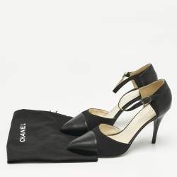 Pre Owned Chanel Black Leather and Canvas Pointed Toe Ankle Strap Pumps Size 40