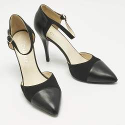 Pre Owned Chanel Black Leather and Canvas Pointed Toe Ankle Strap Pumps Size 40