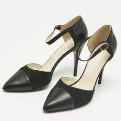 Pre Owned Chanel Black Leather and Canvas Pointed Toe Ankle Strap Pumps Size 40