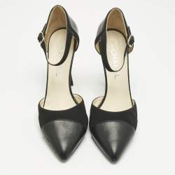Pre Owned Chanel Black Leather and Canvas Pointed Toe Ankle Strap Pumps Size 40