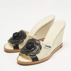 Pre Owned Chanel Cream/Black Canvas and Leather Camelia Wedge Sandals Size 40.5