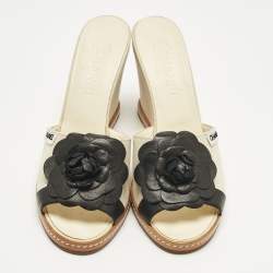 Pre Owned Chanel Cream/Black Canvas and Leather Camelia Wedge Sandals Size 40.5